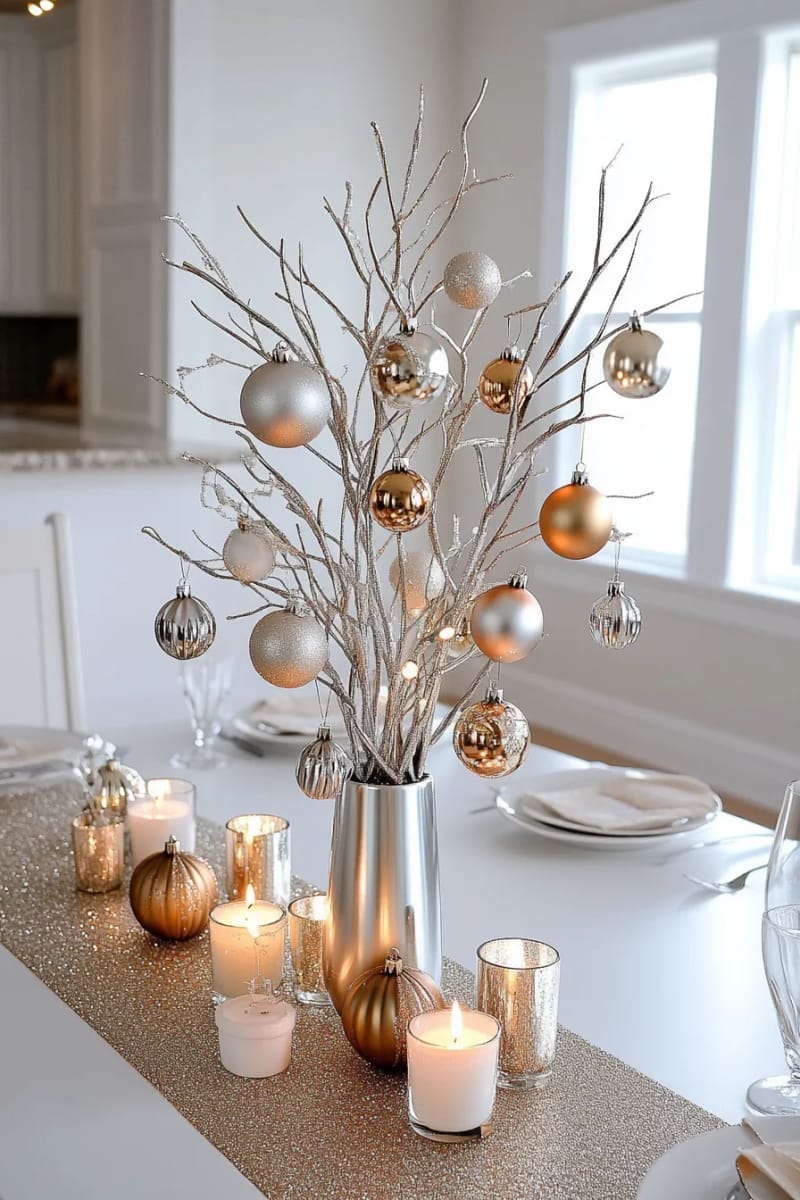 style a metallic branch tree centerpiece with hanging ornaments for drama. 1