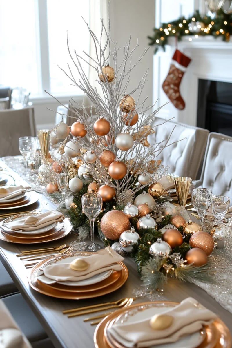 style a metallic branch tree centerpiece with hanging ornaments for drama. 1