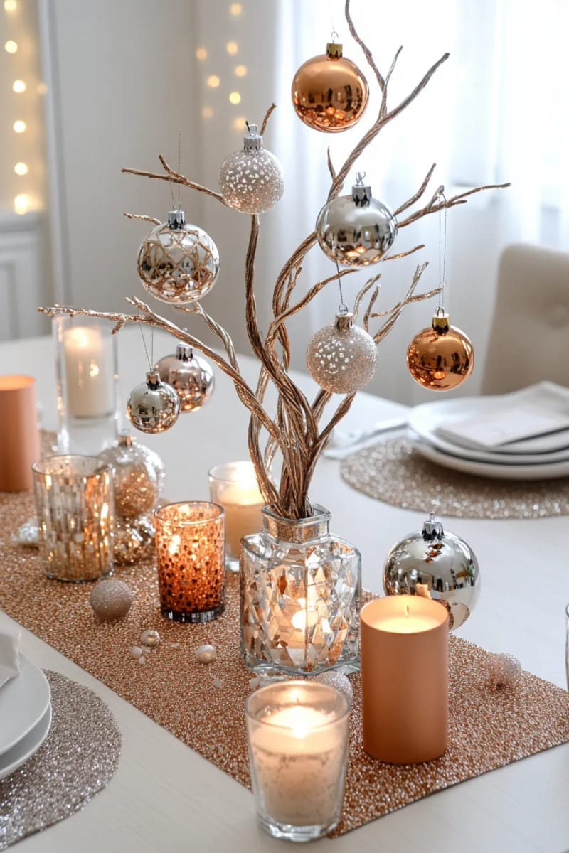 style a metallic branch tree centerpiece with hanging ornaments for drama. 1