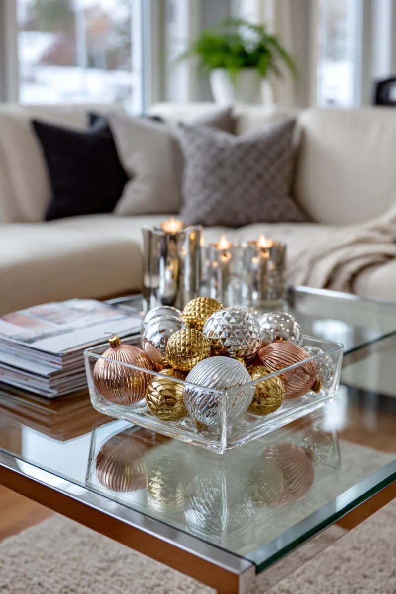 style metallic baubles in glass bowls for a modern coffee table centerpiece. 1