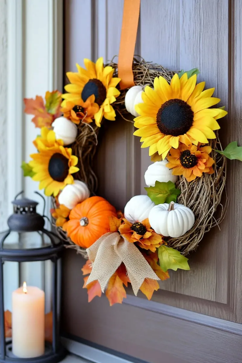 sunflower wreath featuring mini pumpkins and burlap ribbon 1
