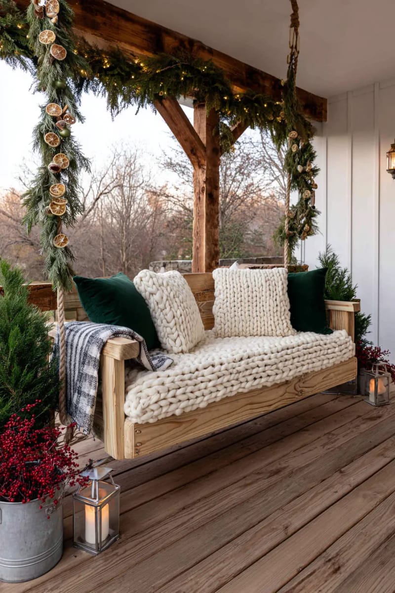 swinging bench with knit cushions and a garland of dried orange slices 1