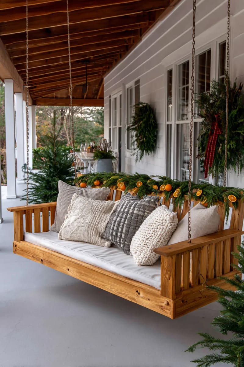 swinging bench with knit cushions and a garland of dried orange slices 1