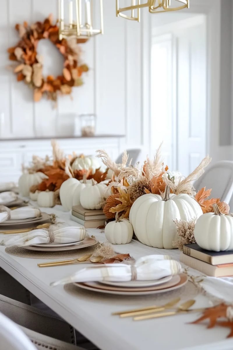 table centerpiece featuring stacked vintage books, pumpkins, and dried florals 1