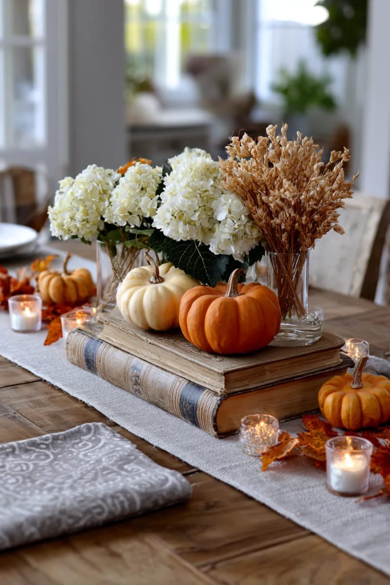 table centerpiece featuring stacked vintage books, pumpkins, and dried florals 1