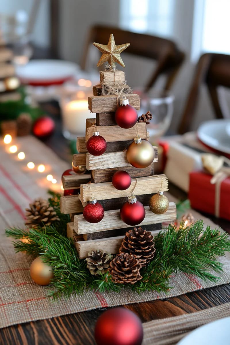 21 Creative Pallet Christmas Decor Ideas for 2025 44 tabletop pallet tree with mini ornaments and rustic jute-wrapped base 1