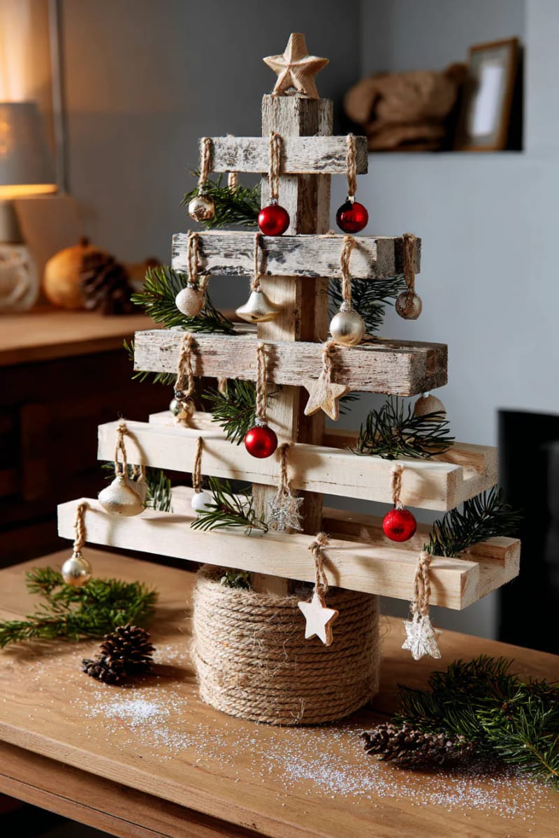 21 Creative Pallet Christmas Decor Ideas for 2025 45 tabletop pallet tree with mini ornaments and rustic jute-wrapped base 1