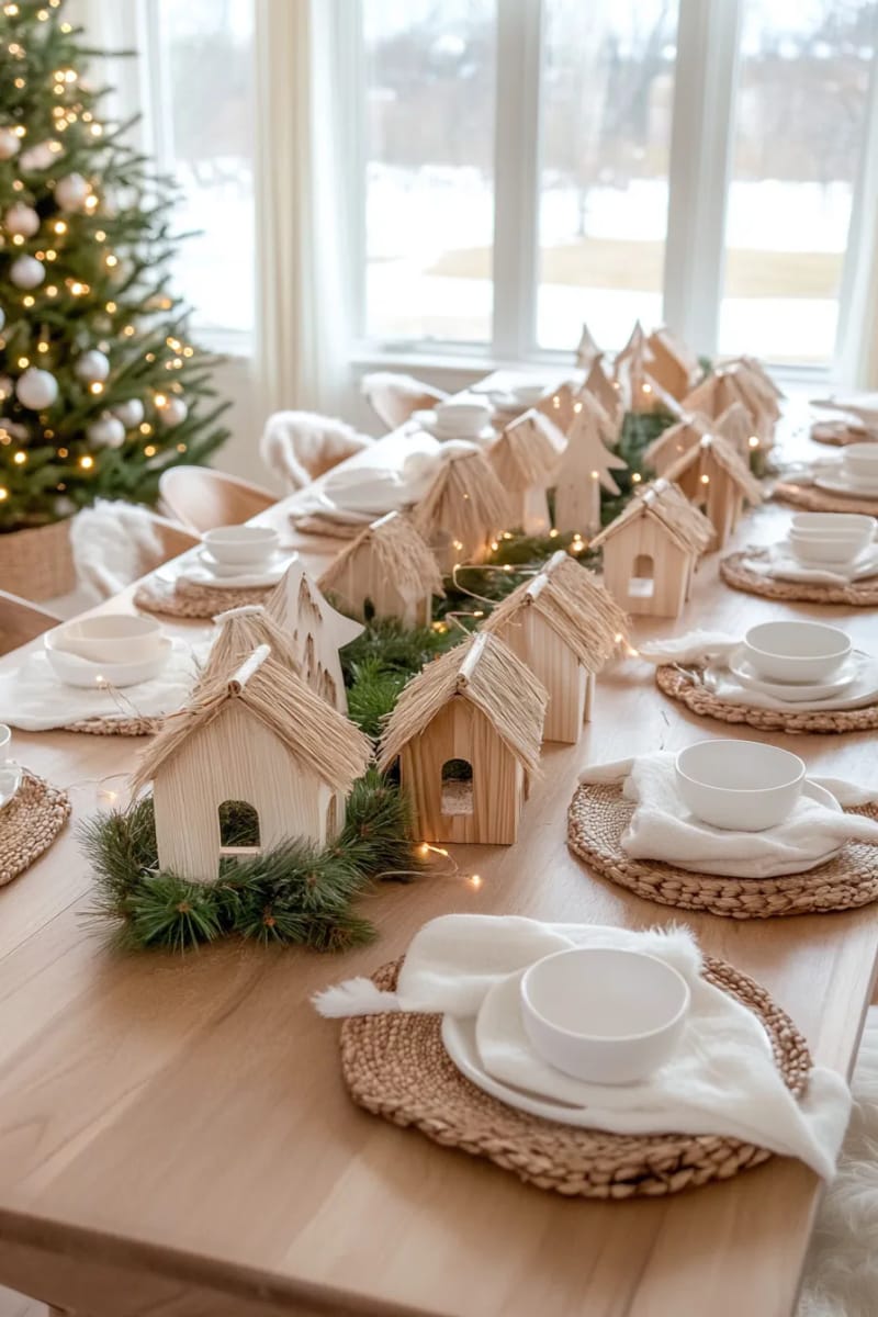21 Scandinavian Christmas Decorations Ideas To Bring Nordic Charm at Home 39 tabletop village scenes with wooden houses and tiny twinkle lights 1