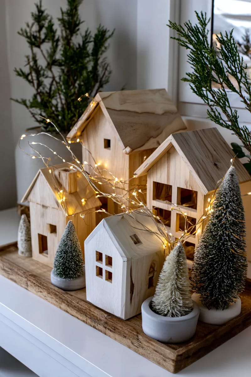 21 Scandinavian Christmas Decorations Ideas To Bring Nordic Charm at Home 40 tabletop village scenes with wooden houses and tiny twinkle lights 1