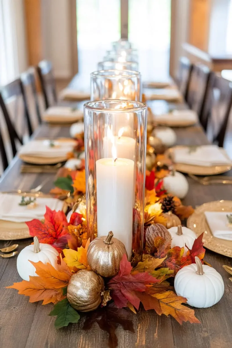 tall hurricane vases with pillar candles and faux autumn leaves 1