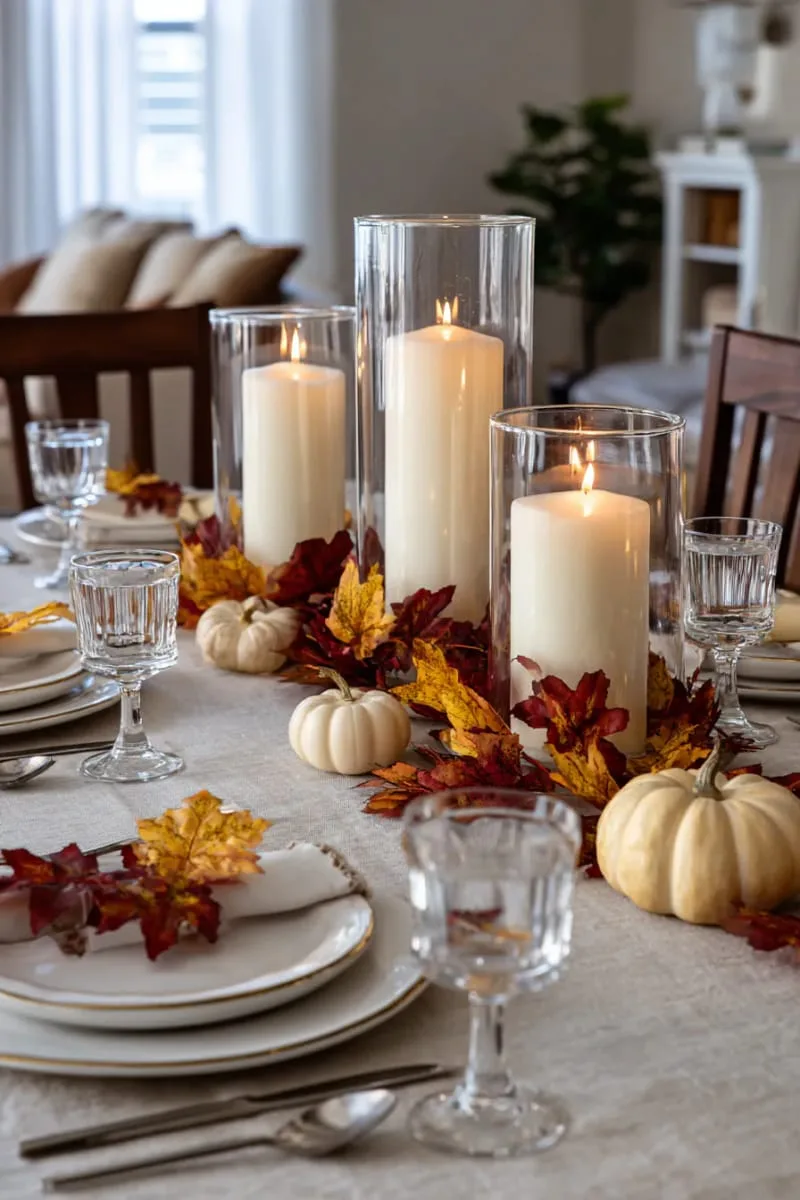 tall hurricane vases with pillar candles and faux autumn leaves 1