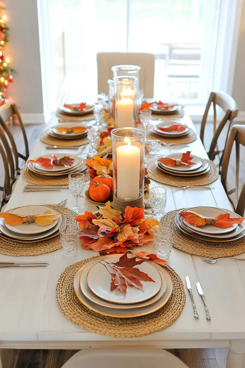 tall hurricane vases with pillar candles and faux autumn leaves 1