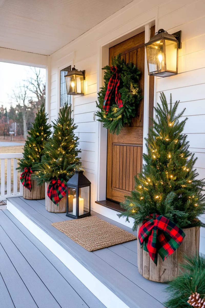 tall potted evergreens flanking the porch steps, wrapped in warm white lights 1