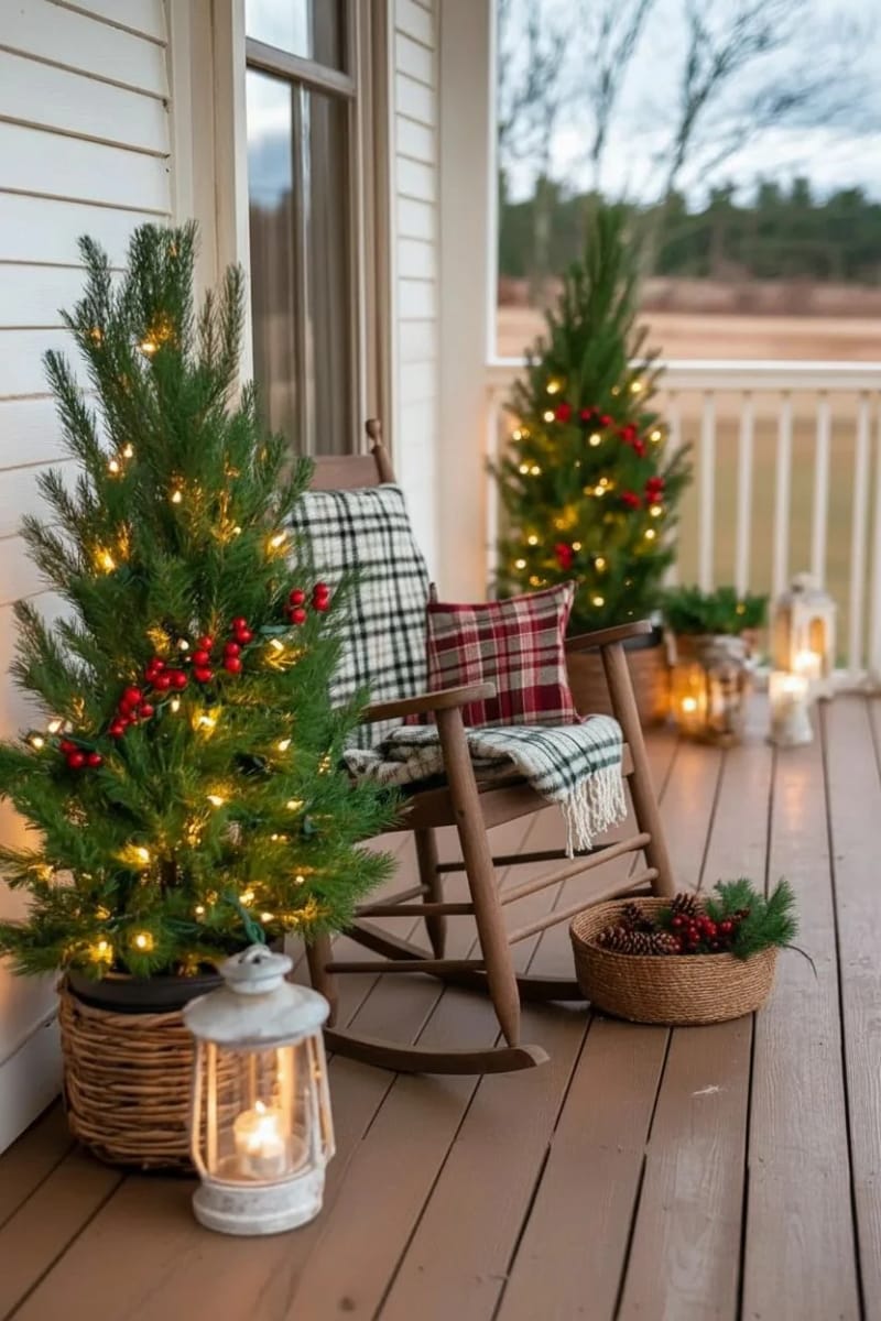 tall potted evergreens flanking the porch steps, wrapped in warm white lights 1