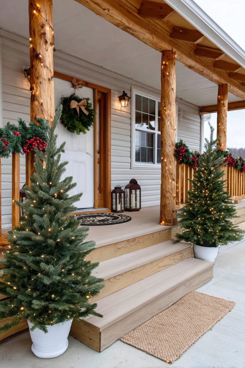 tall potted evergreens flanking the porch steps, wrapped in warm white lights 1