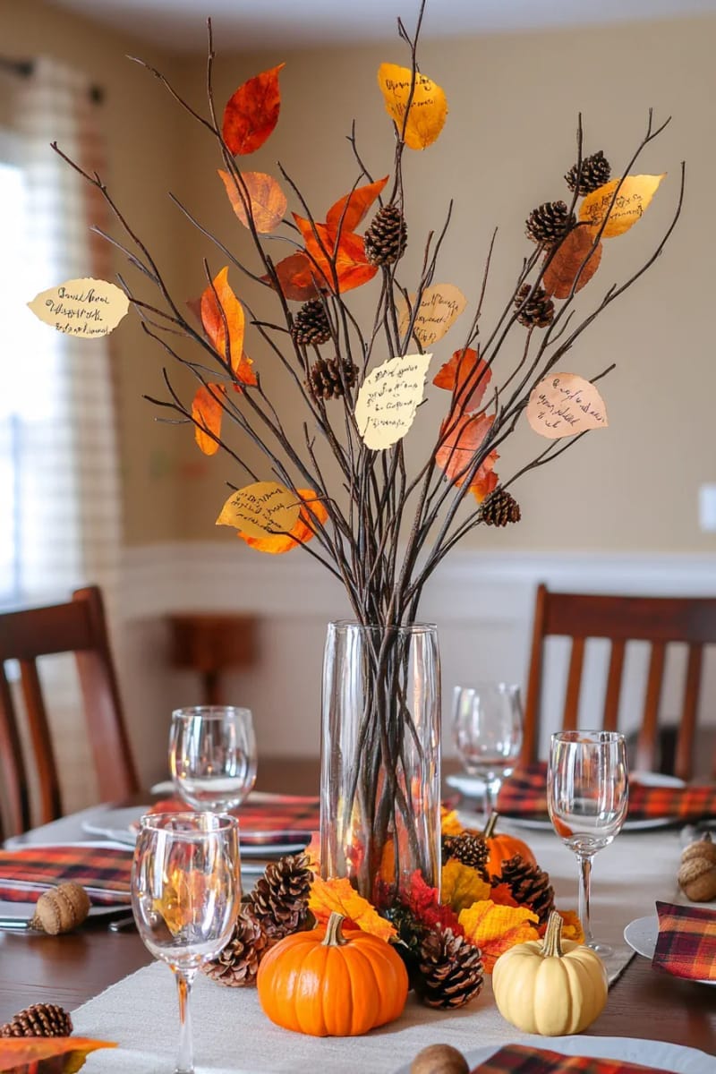thankful tree centerpiece with branches and hanging paper gratitude leaves 1