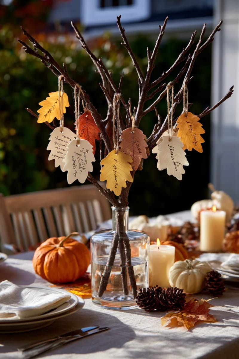 thankful tree centerpiece with branches and hanging paper gratitude leaves 1