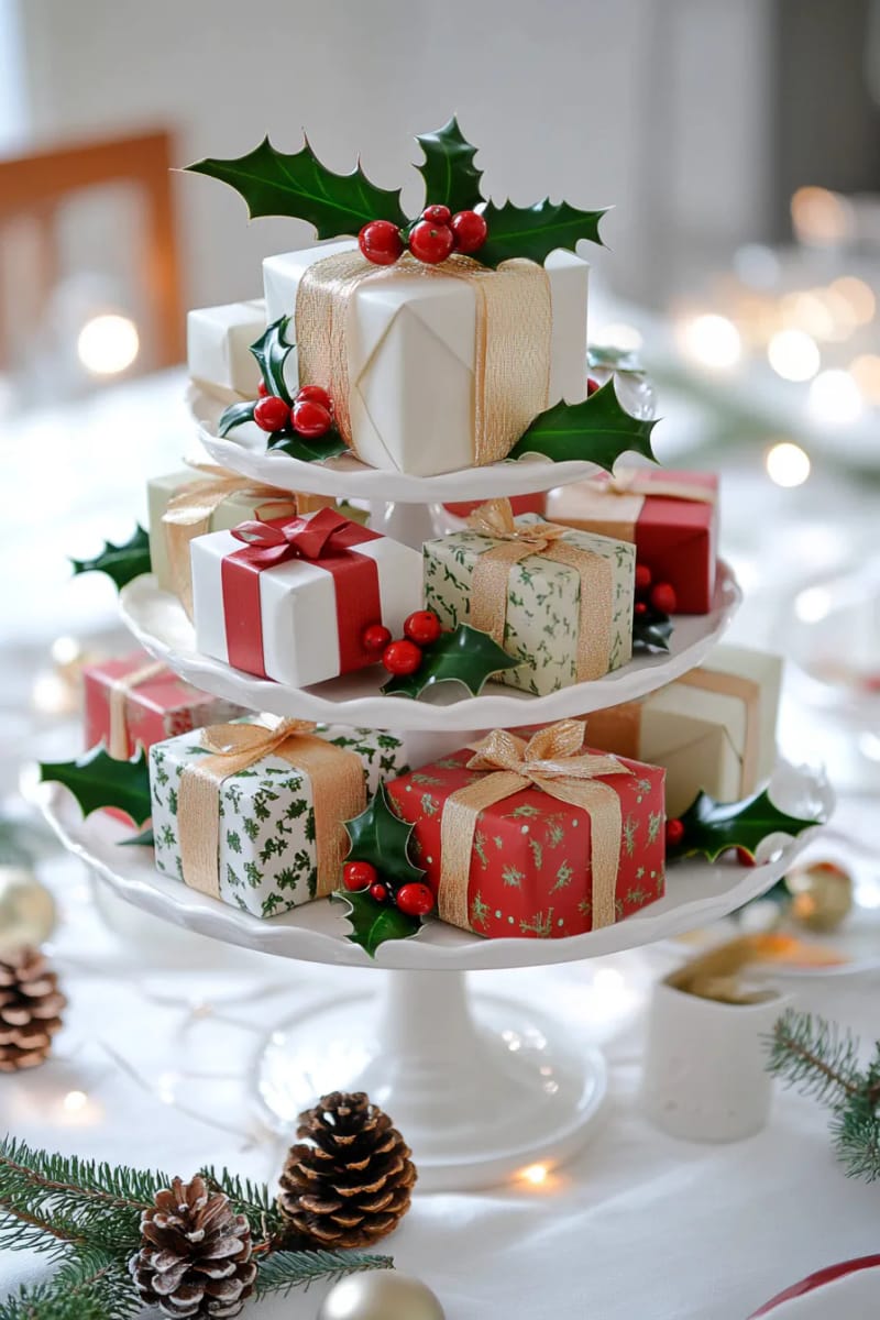 tiered cake stand with mini wrapped gift boxes and holly branches 1