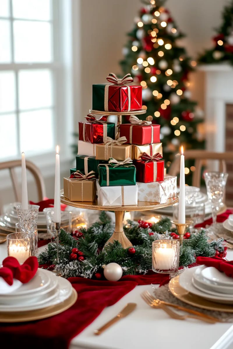 tiered cake stand with mini wrapped gift boxes and holly branches 1
