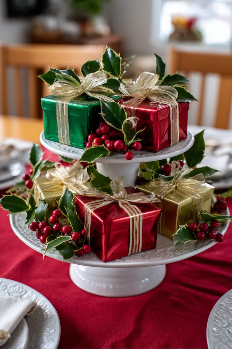 tiered cake stand with mini wrapped gift boxes and holly branches 1