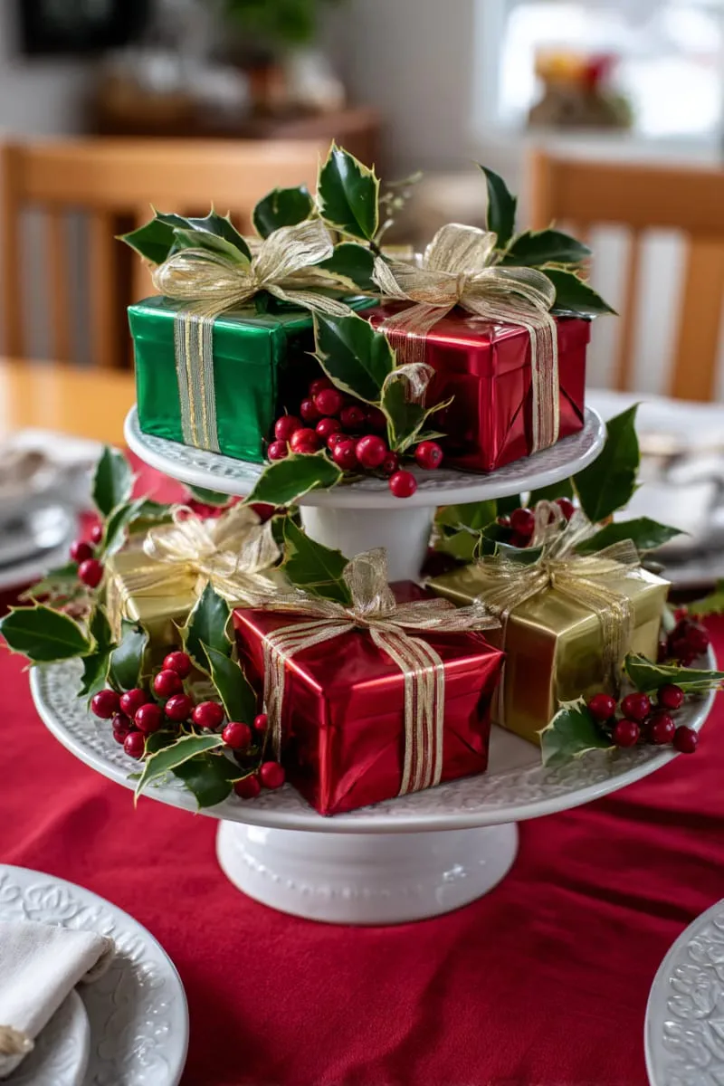 15 Easy DIY Christmas Centerpieces to Brighten the Yuletide Season 68 tiered cake stand with mini wrapped gift boxes and holly branches 1