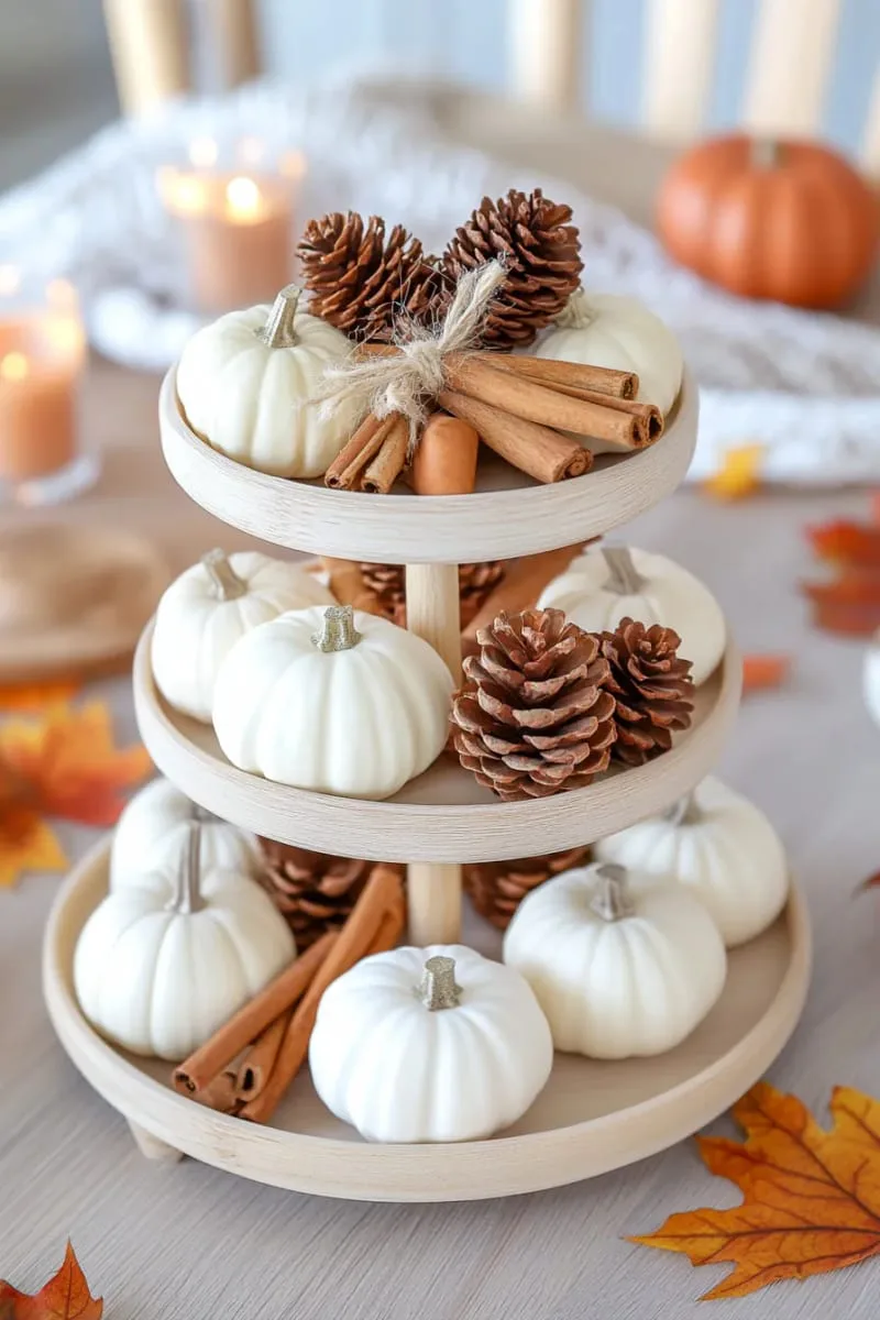 tiered tray with pinecones, cinnamon sticks, and white pumpkins 1