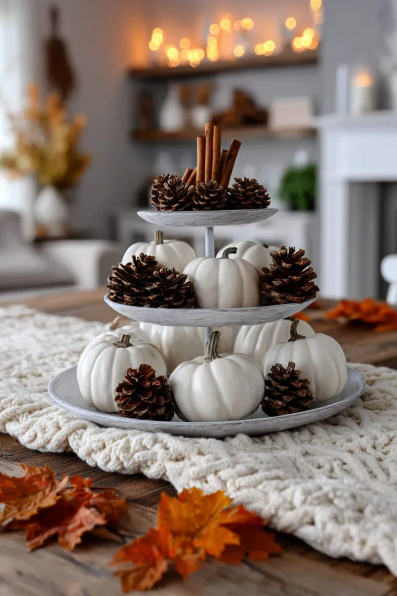tiered tray with pinecones, cinnamon sticks, and white pumpkins 1
