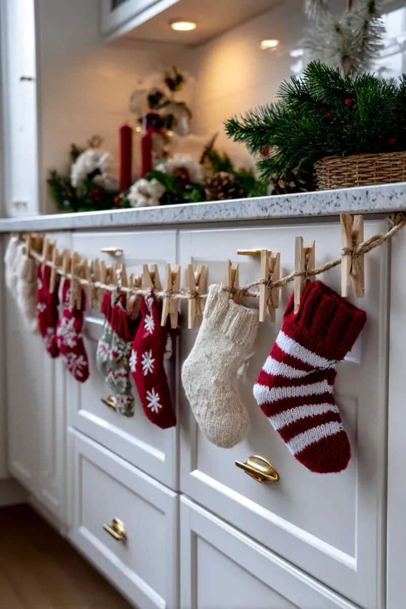 tiny stockings clipped along cabinet doors with twine and mini clothespins 1