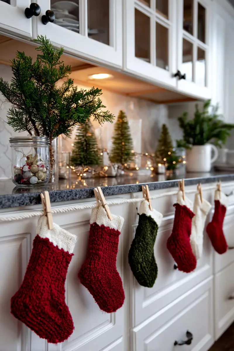 tiny stockings clipped along cabinet doors with twine and mini clothespins 1