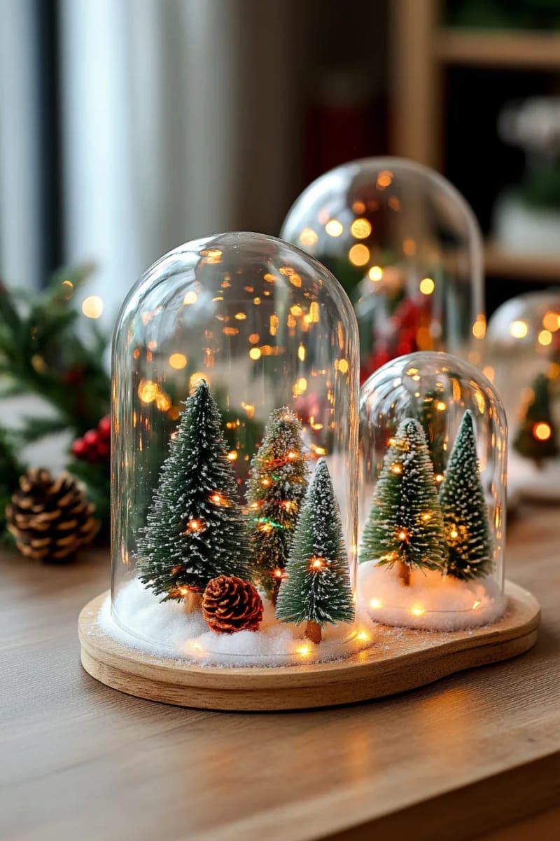 tiny tabletop trees grouped in glass cloches with fairy lights for a magical glow 1