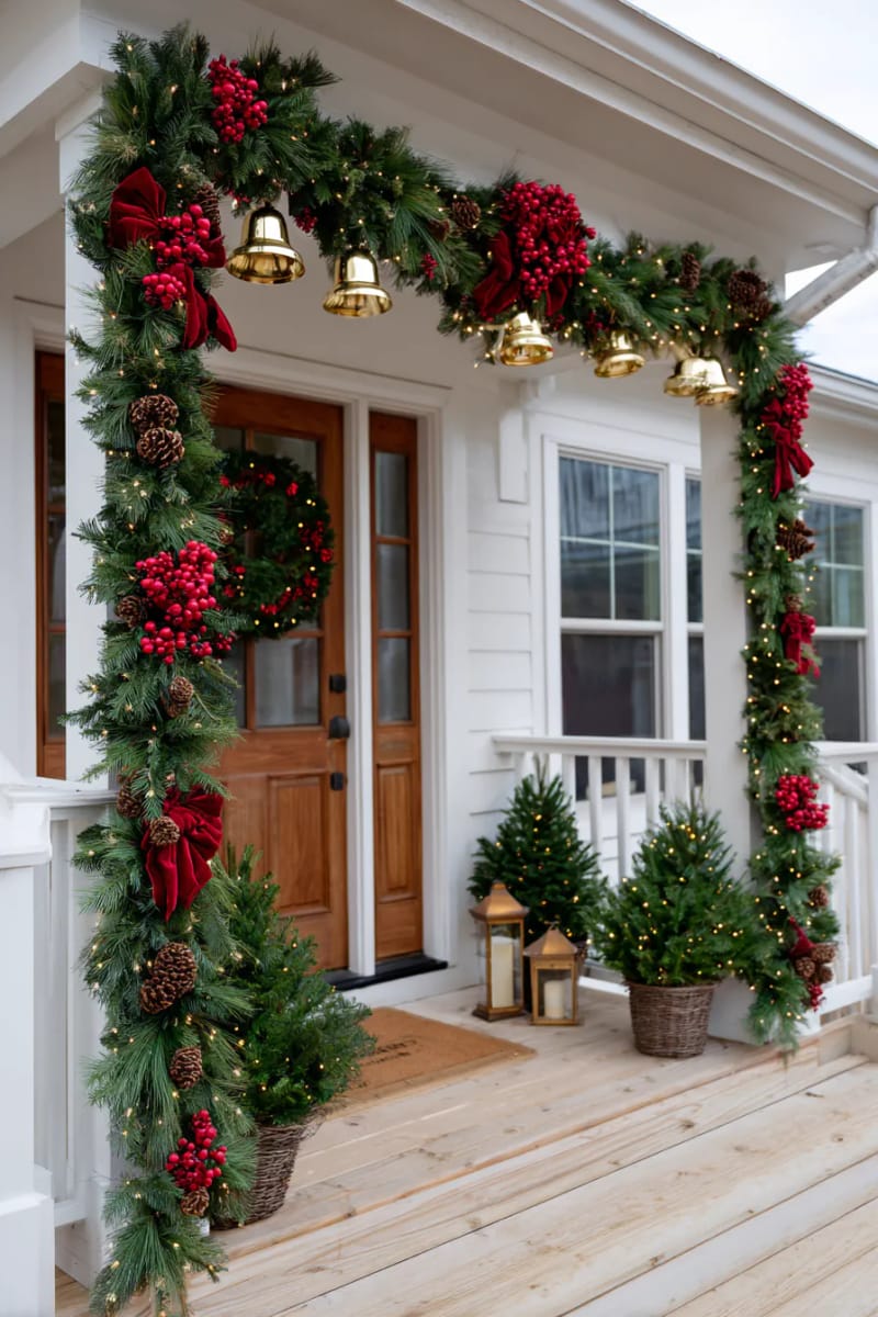 traditional garland with cascading gold bells and lush velvet ribbon accents 1