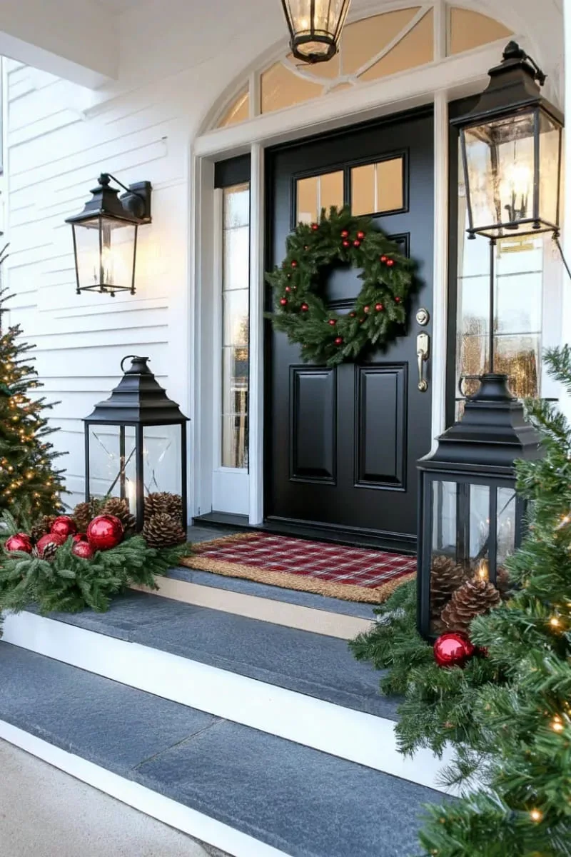 traditional lanterns surrounded by pinecones and red baubles 1