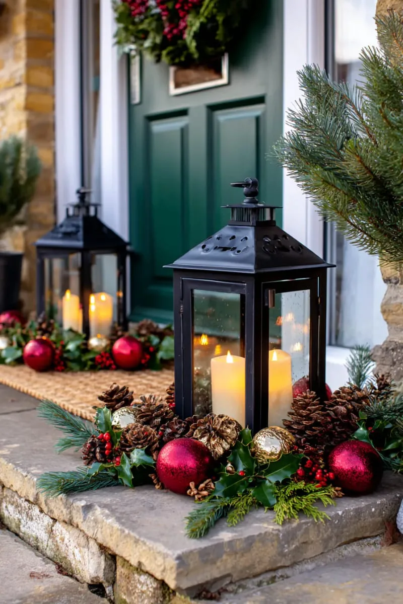 traditional lanterns surrounded by pinecones and red baubles 1