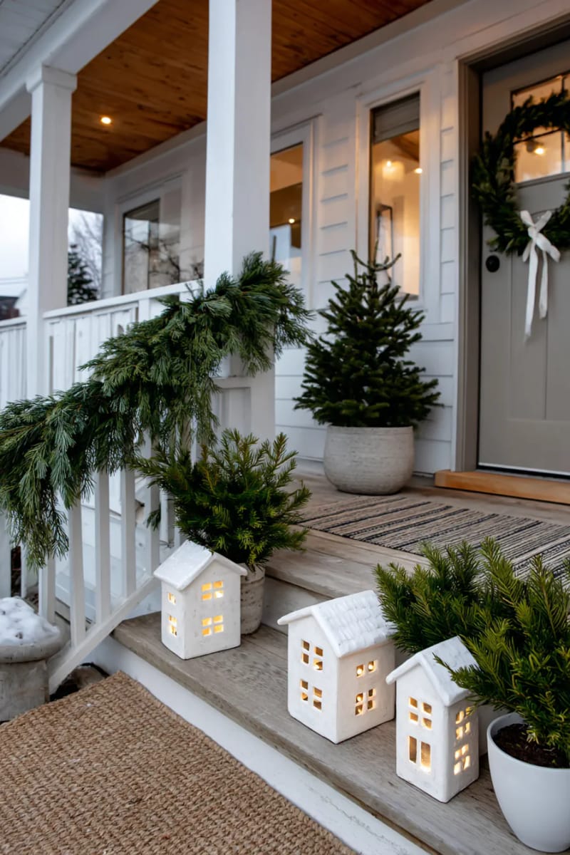trio of white ceramic houses glowing with soft lights 1