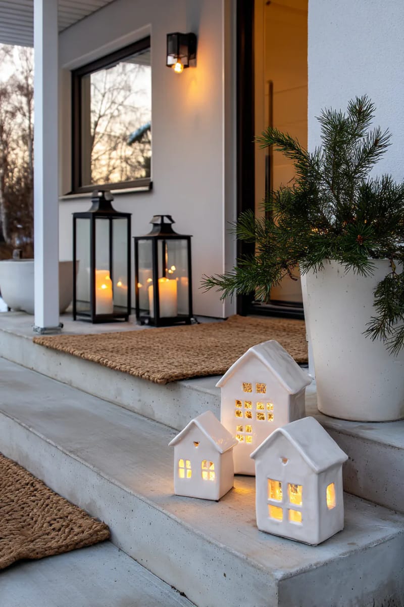 trio of white ceramic houses glowing with soft lights 1