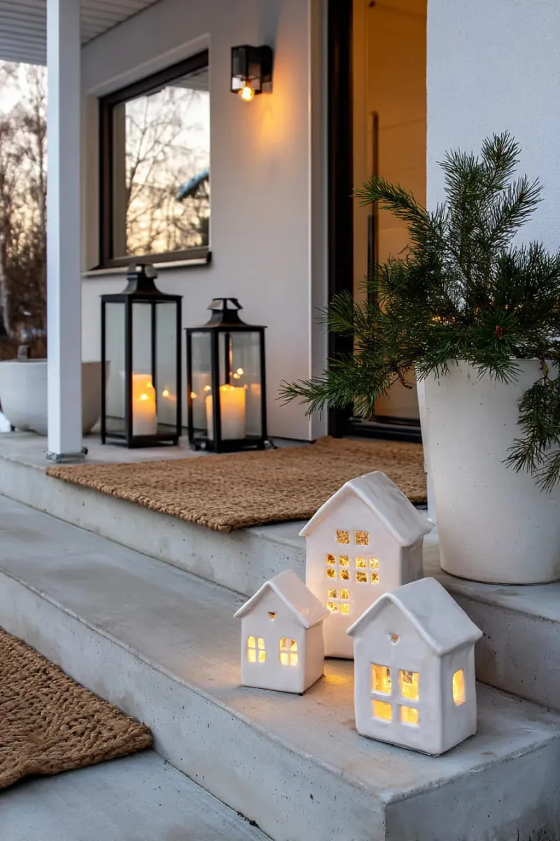 trio of white ceramic houses glowing with soft lights 1