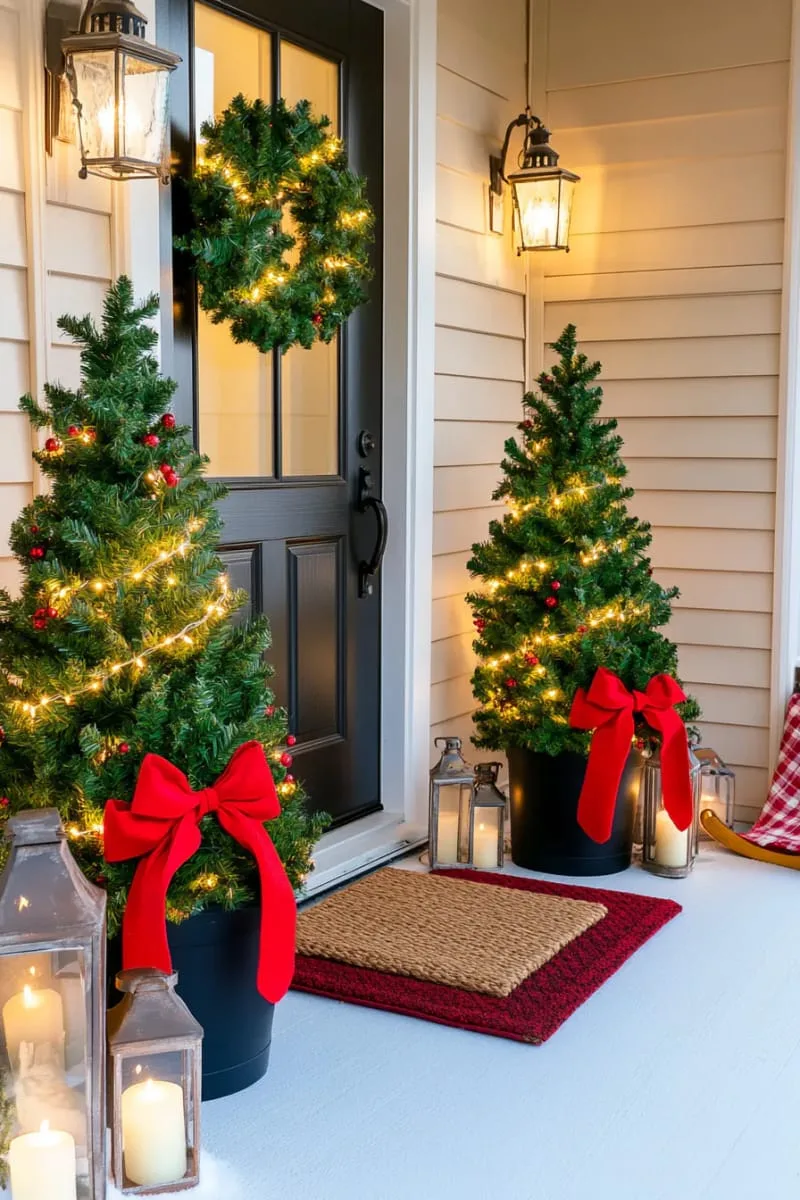 twin potted christmas trees with fairy lights and red ribbon bows 1
