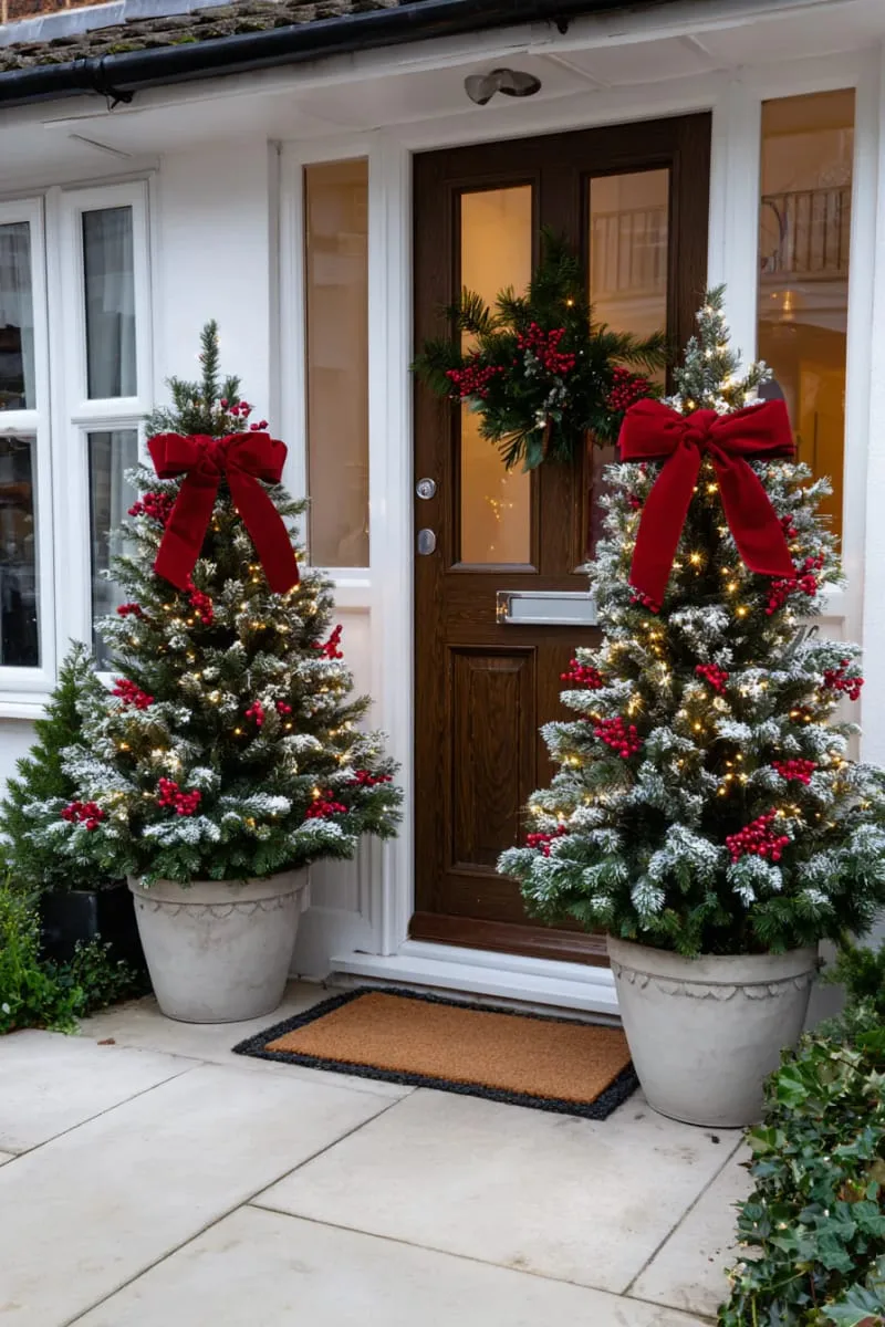 twin potted christmas trees with fairy lights and red ribbon bows 1