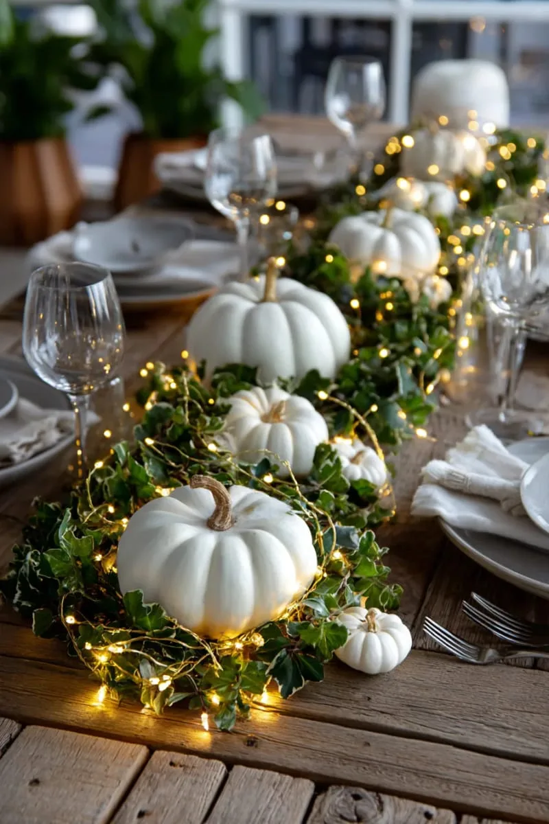 twinkling fairy lights woven between white pumpkins and greenery 1