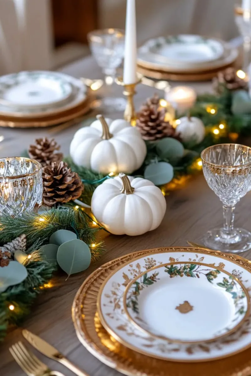 twinkling fairy lights woven between white pumpkins and greenery 1