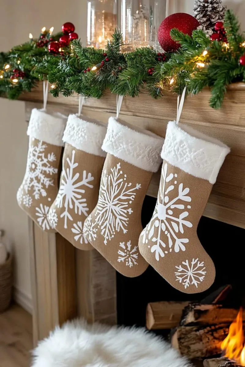 use stenciled snowflake patterns and white fabric paint for a wintry effect 1