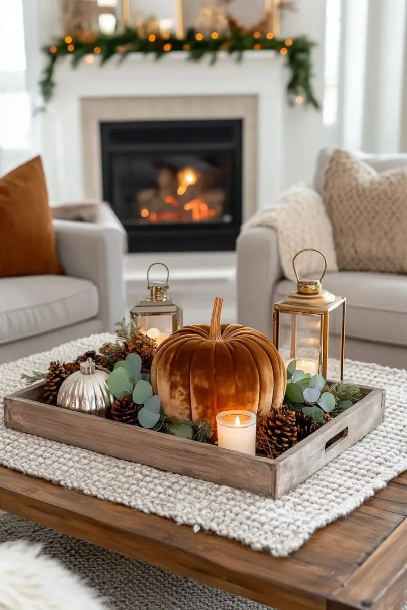 velvet pumpkin centerpiece with pinecones and eucalyptus on rustic wooden tray 1
