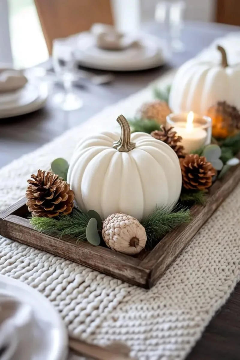 velvet pumpkin centerpiece with pinecones and eucalyptus on rustic wooden tray 1