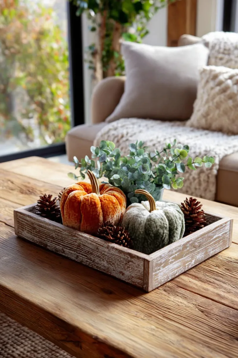 velvet pumpkin centerpiece with pinecones and eucalyptus on rustic wooden tray 1