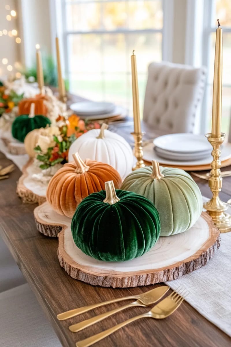 velvet pumpkin clusters and gold candlesticks on a rustic wood table runner 1