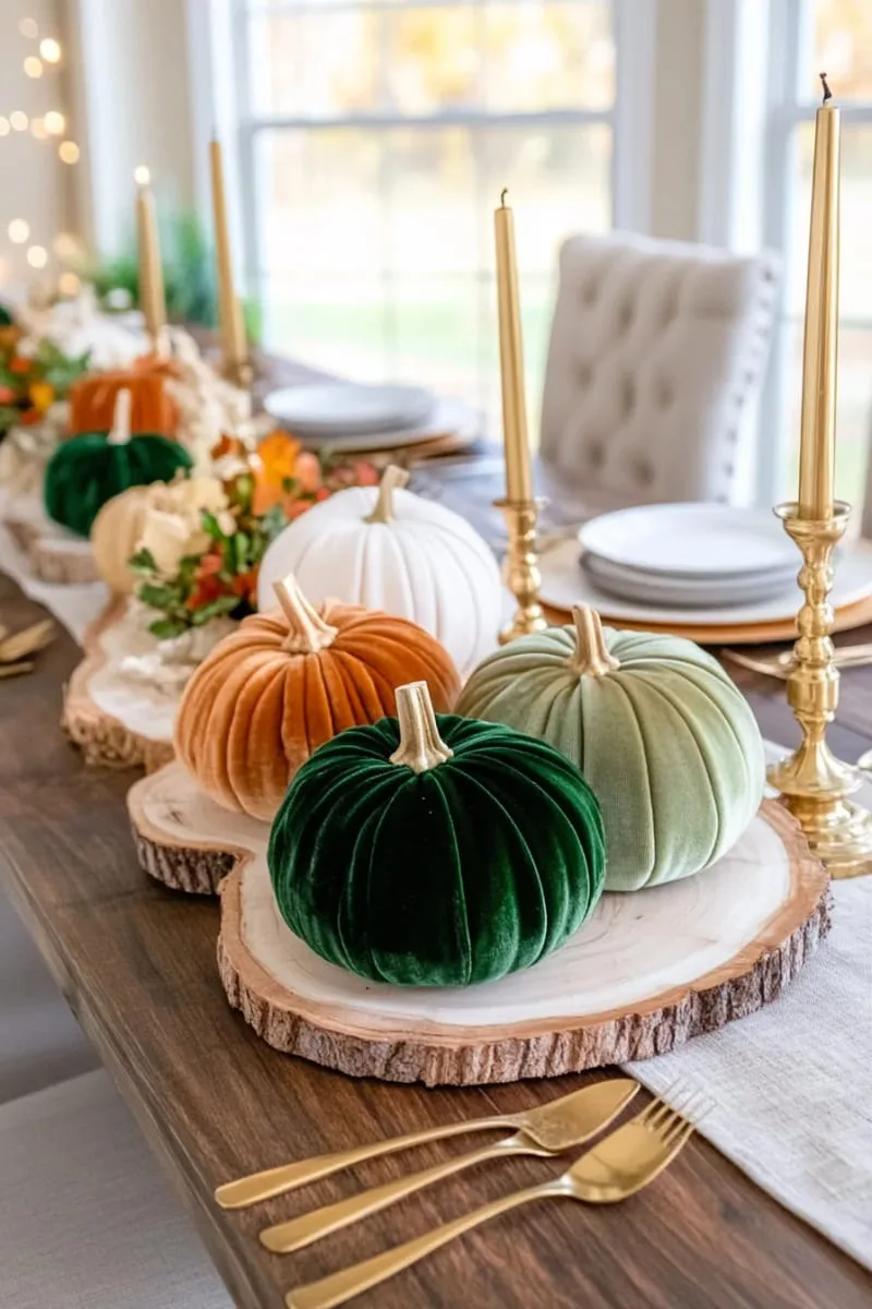 velvet pumpkin clusters and gold candlesticks on a rustic wood table runner 1