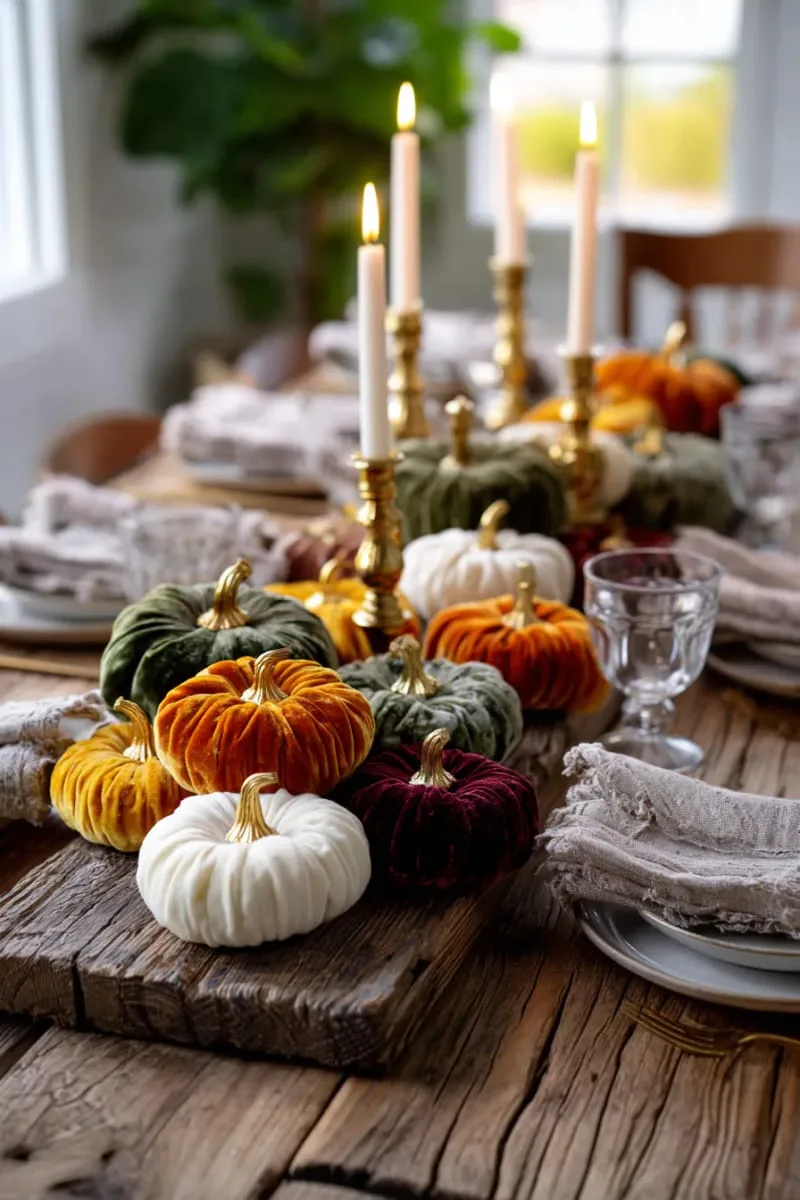 velvet pumpkin clusters and gold candlesticks on a rustic wood table runner 1