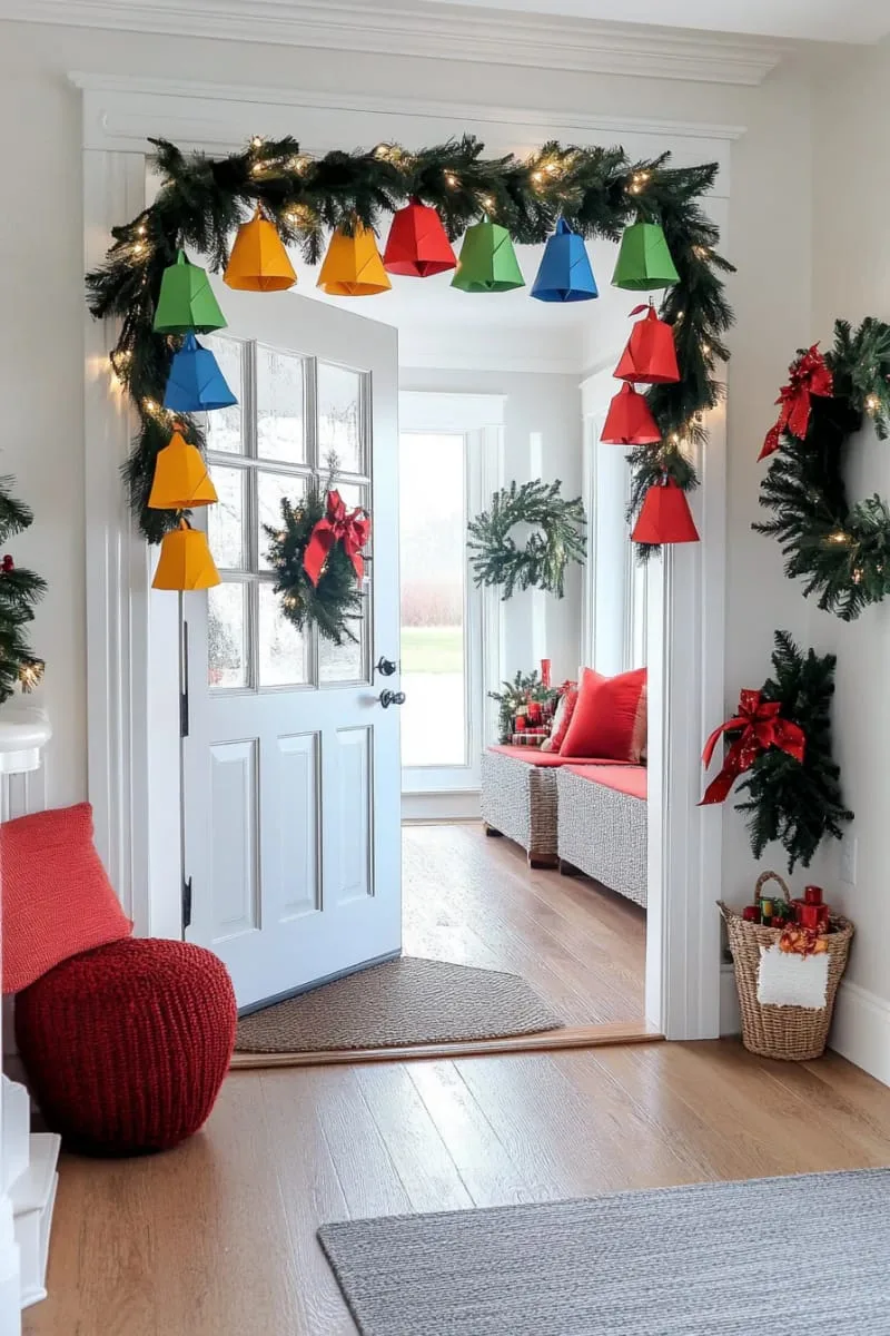 vibrant origami bell garland with tiny red bows for doorways 1