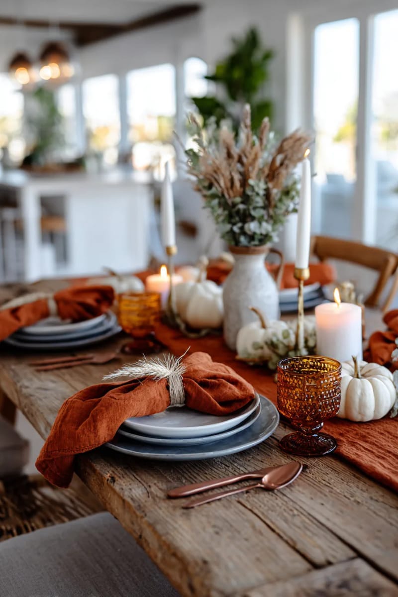 vintage blue plates mixed with copper flatware and burnt orange linens 1