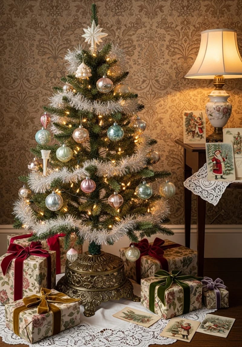 vintage-inspired tree with glass baubles and antique tinsel garlands 1